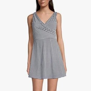 NWOT Lands End Womens Black White Gingham Check V-Neck Swim‎ Dress Size 2